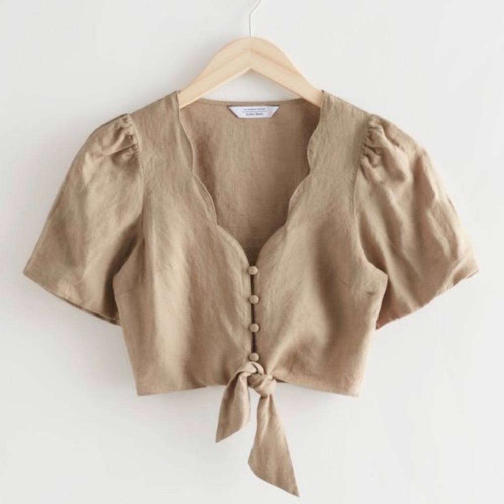 & OTHER STORIES Button Linen Crop Top in Dark Beige (US 2)